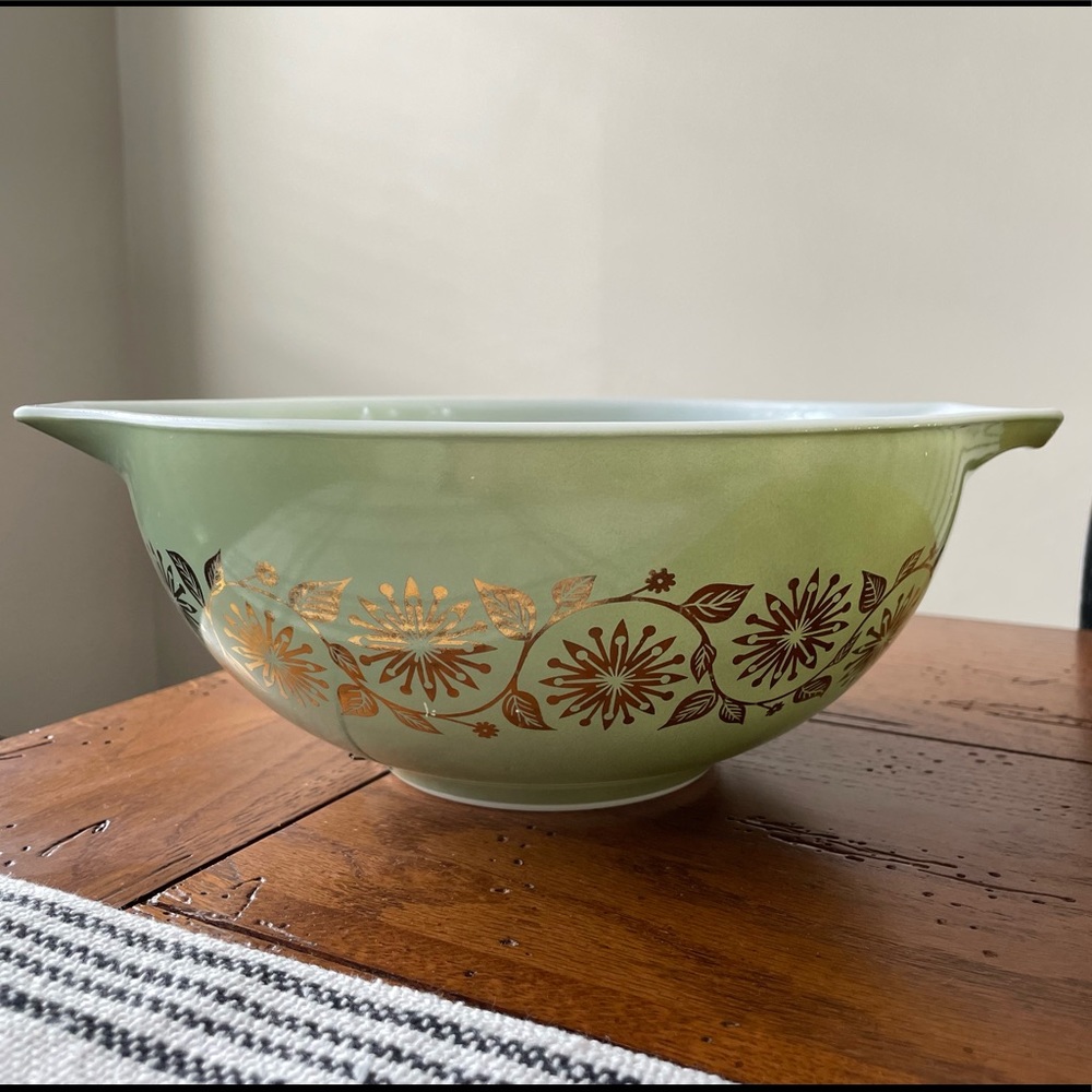 Vintage Pyrex, Cinderella bowl, sage green and gold leaf